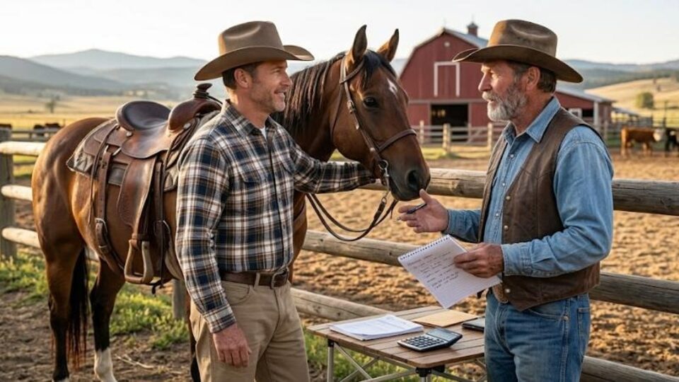 Barn owner reviewing a boarder's invoice next to the horse and barn
