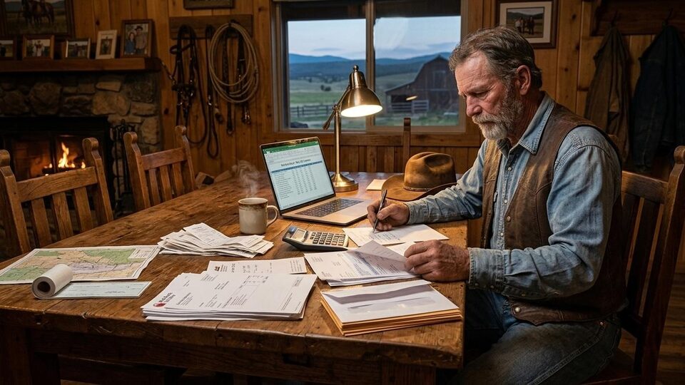 Barn owner doing bookkeeping at a desk with receipts, a calculator, and a laptop spreadsheet