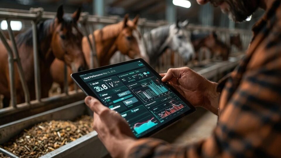 Barn staff checking a herd performance dashboard on a tablet in front of the horses' stalls